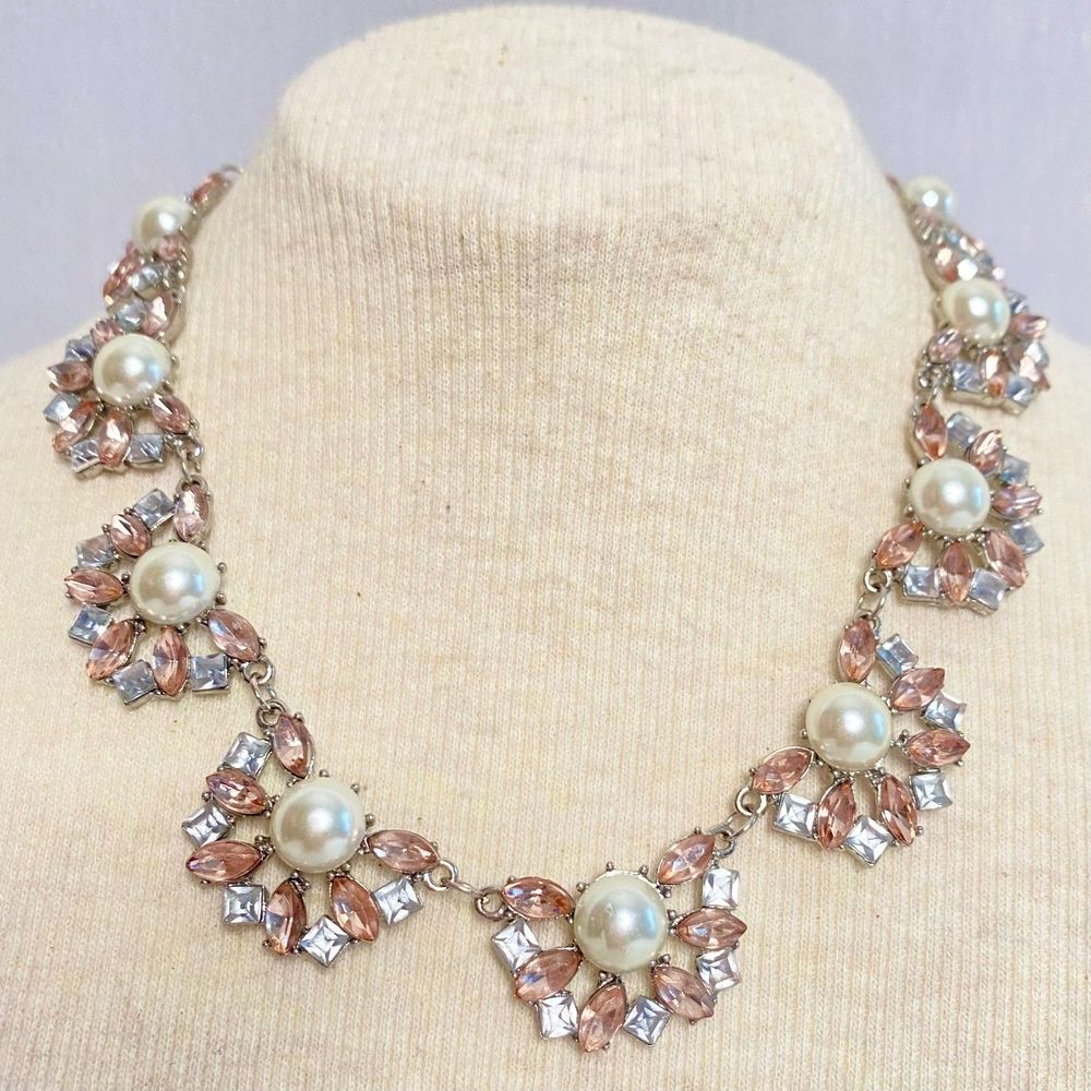 💎Choker Necklace Cental Faux Pearl Pink Marquis Square Clear Rhinestone Clusters